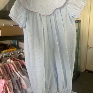 Blue Gingham Baby Dress with Pink Trim
